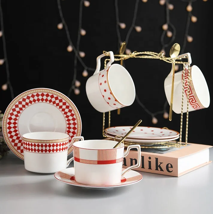 European ceramic coffee cup dish simple microwave ovens gold bone china water set