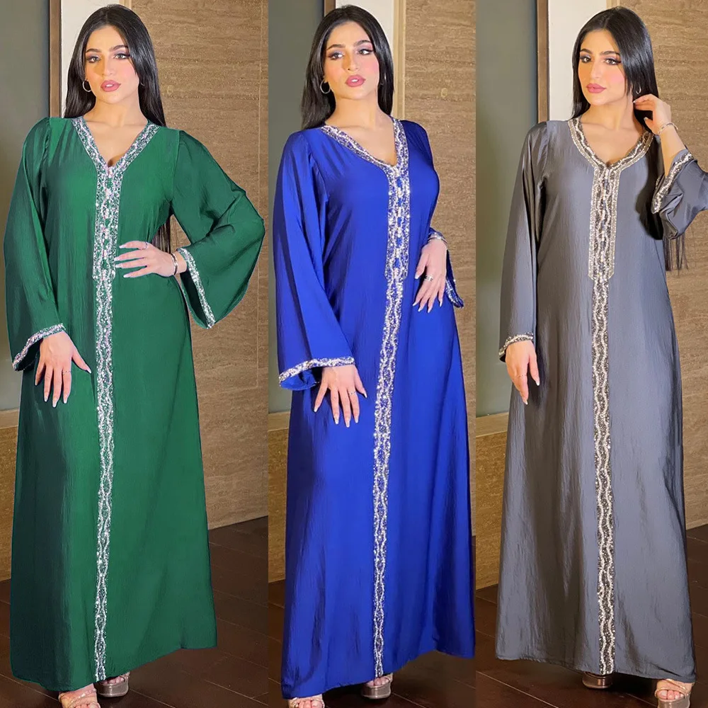 6176Eid Fashion Nida Muslim Dress Dubai Abaya Hijab Dresses Moroccan Kaftan Clothing Islamic Muslim Ribbon Rhinestone Jalabiya