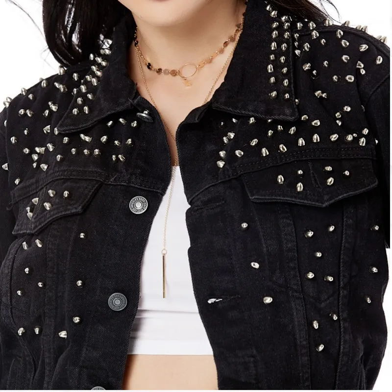 Fall Woman Black Denim Jackets Fashion Crop Rivet Jeans Jacket For Women