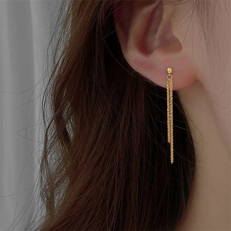 Trendy Gold Silver Plated Glitter Star Tassel Earrings Simple Titanium Steel Long Earrings