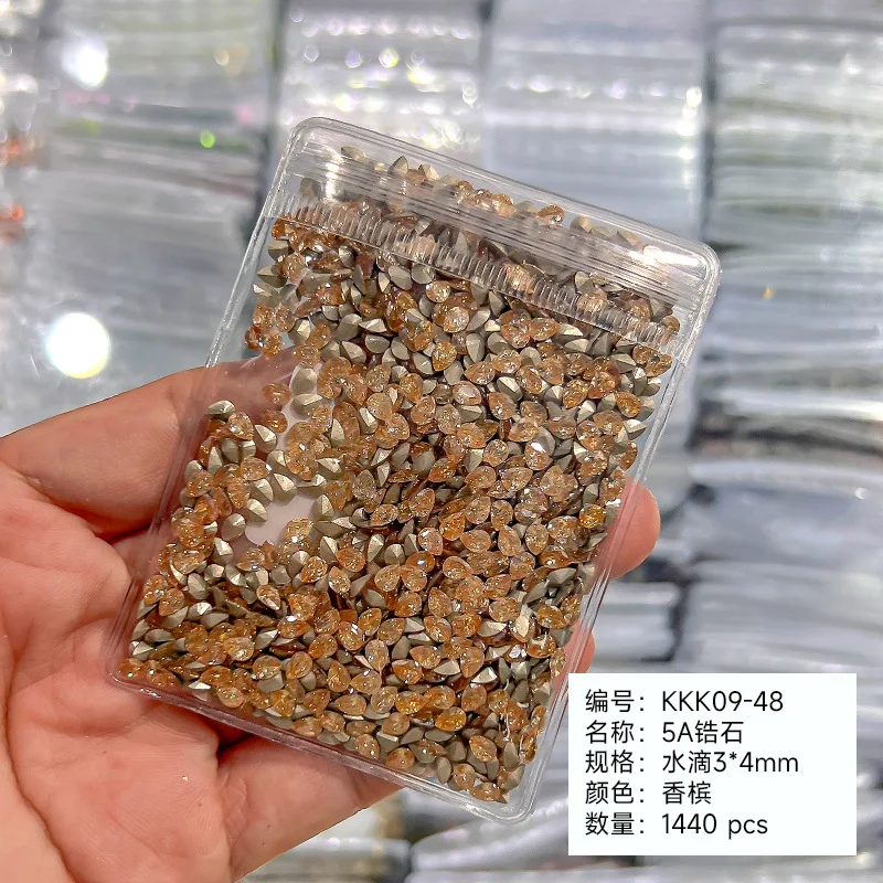 1440pcs/bag champagne Nail Rhinestone Pointed Bottom Multi-Size Nail Crystal Diamond drops square 3D Bulk Drill Manicure