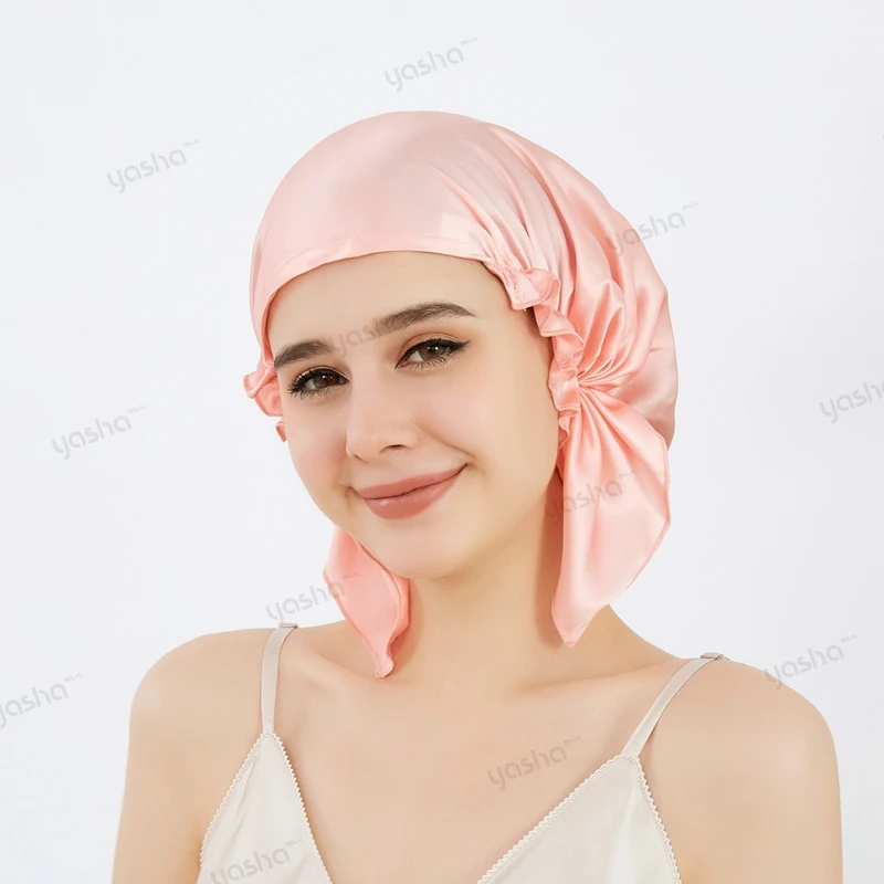 Wholesale16 19 22momme Luxury Hair Satin Turban Designer Durags Silk Sleep Bonnets Tie Women Wraps Silk Bonnet with custom logo
