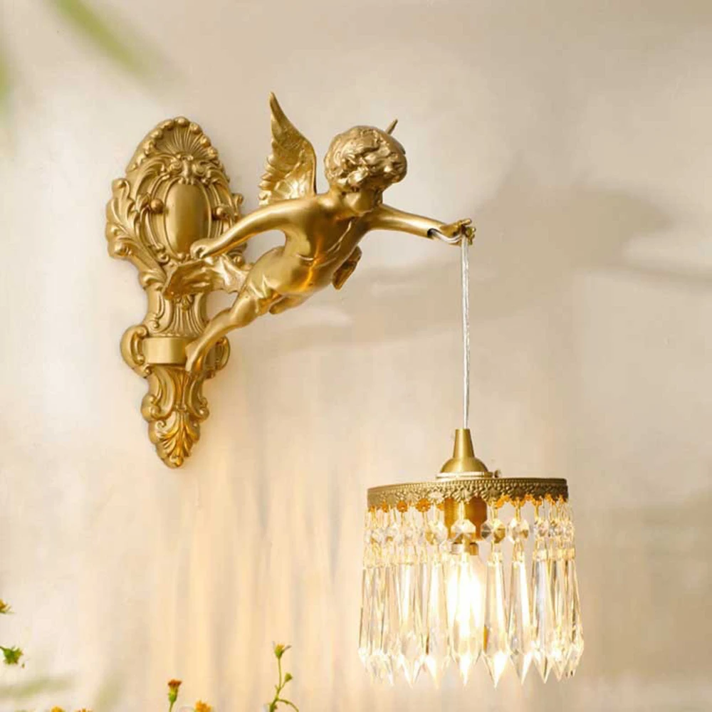 Retro french brass wall lamp hotel bedroom aisle staircase wall angel crystal decorative light background wall copper light