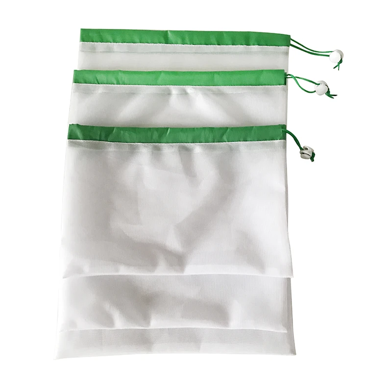 Eco-friendly Washable Nylon Mesh Fruits & Vegetables Storage Bags With Toggles & Top Trim