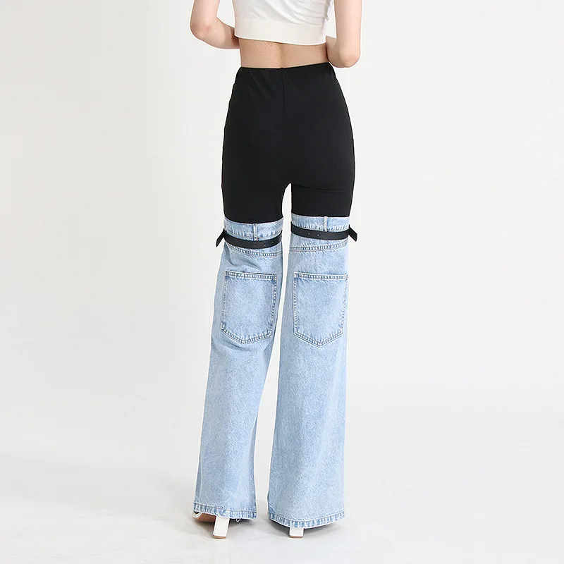 European American street trendy jeans 2024 new style elastic waist design personalized splicing straight wide leg casual pants