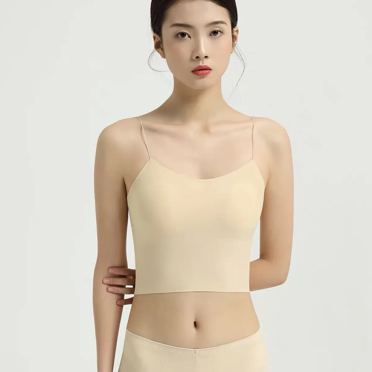 
Ladies curved collar thin shoulder strap no need to wear bra sling seamless ice silk underwear 