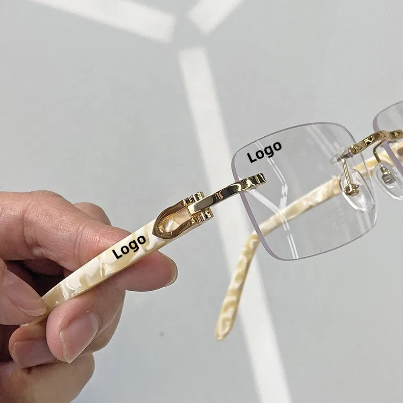 Custom Men Ivory Color Buffalo Horn Small Square Pearl Rhinestone Diamond Shades Bling Retro Trendy Rimless Sunglasses Women