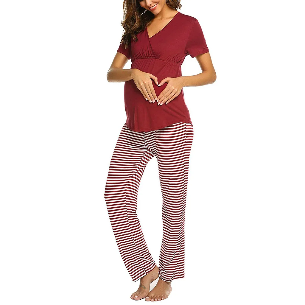 
New Arrivals Plus Size Women Short Sleeve And Long Pants Nursing Suit Pajamas Striped Two Piece Maternity Set For Pregnant 