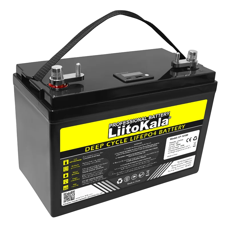 LiitoKala lifepo4 battery 12V 180Ah copper terminal connected LCD display with USB and Type-c can charge mobile devices