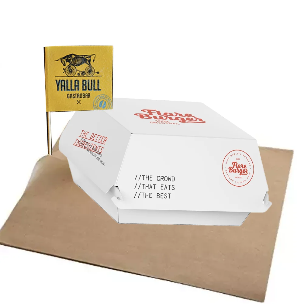 Disposable Fast Food Packaging Greaseproof Toothpick Flag Custom Print Fried Chicken Burger Paper Box