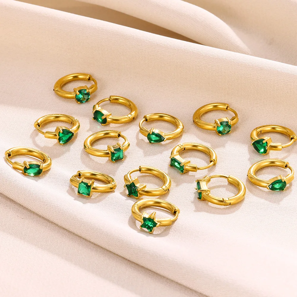 Waterproof Womens Emerald Gemstones Green Zirconia Star Earrings Round Heart Small Hoop Gold Plated Huggies Earrings Jewelry