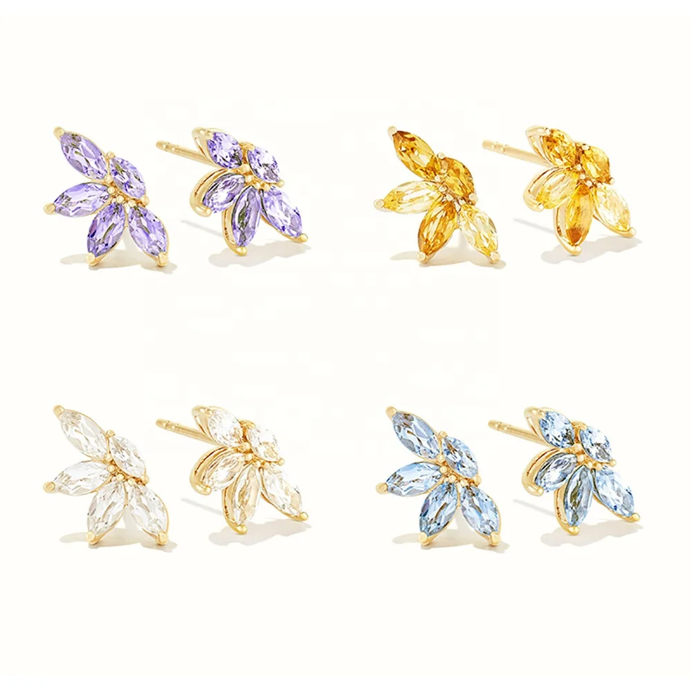 Fancy sterling silver jewelry 18K gold plated floral colorful shiny zircon flower stud earrings for women gift