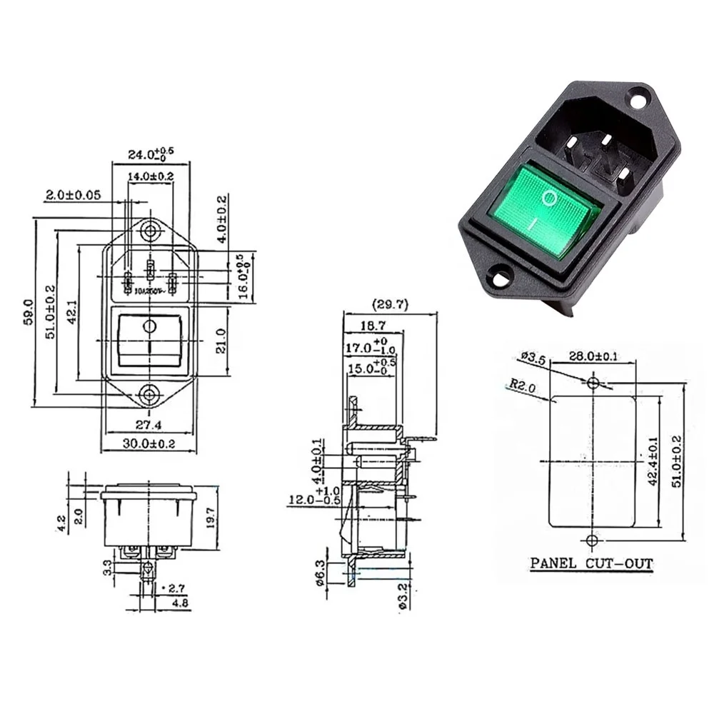 IEC320 C14 AC Power Cord Inlet Socket Receptacle w Red Lighted Rocker Switch