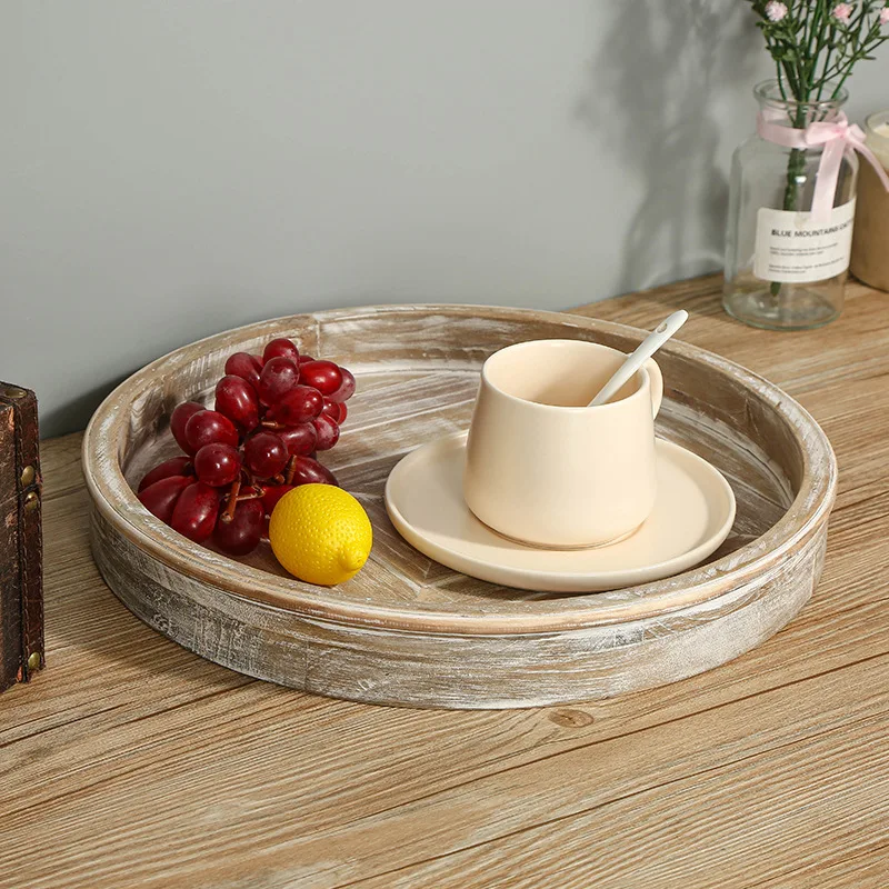 Wooden European and American household restaurant desktop storage food tray round wood tray