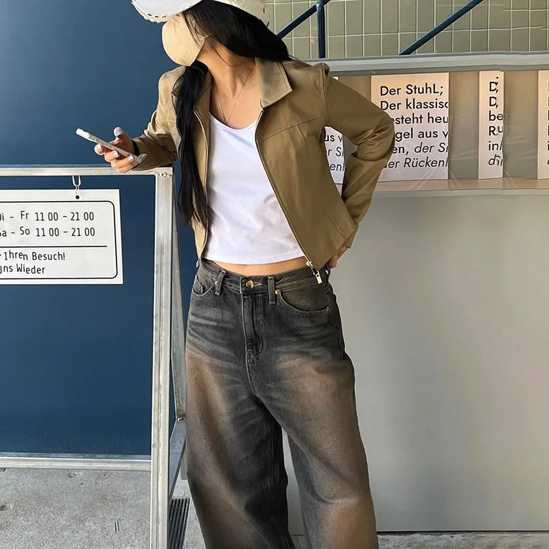 Fashion Women High Waist Jeans Hip Hop Streetwear Cotton Straight Trousers Washed Design Denim Pants For Girls