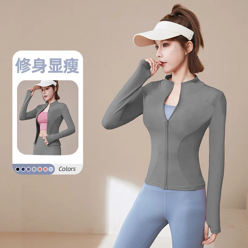 J3013 New Arrival Sun Protection Quick Drying Yoga Sports Jacket Stand Up Collar  Stretch Tight Waist Slim Fit Running Blazer