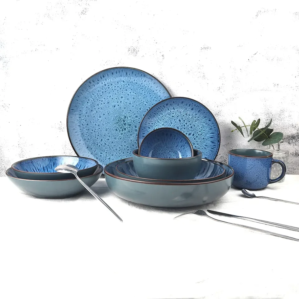 Matte Color Green Blue Black Reactive Glazed Ceramic Stoneware Dinnerware Sets Antique Crockery Rustic Stone Dinner Sets