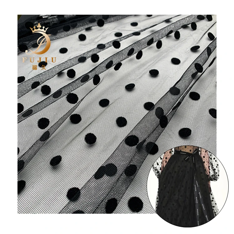 nylon textiles flocked mesh fabric big black polka dot widely uses clothing for women