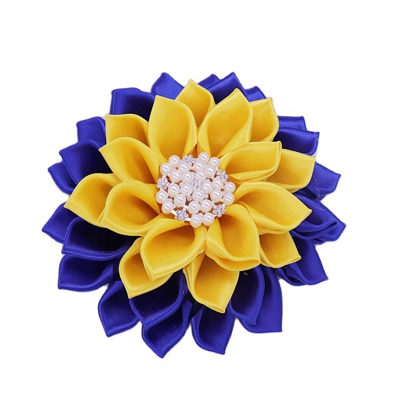 Royal and yellow sigma 1922 years satin layer large size pearl poodle greek sigma gamma rho flower pins brooch corsage