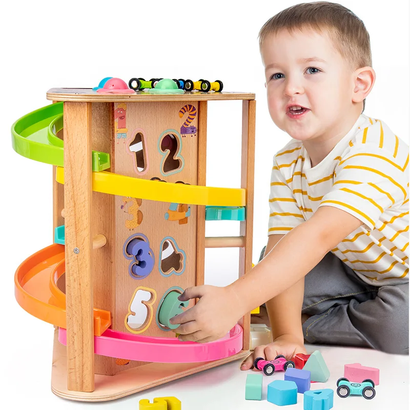 Wooden Early Education Knocking Ball Matching Game Toys Gift Baby Puzzle Track SlidingMultifunctional Rotating Track Slide Car