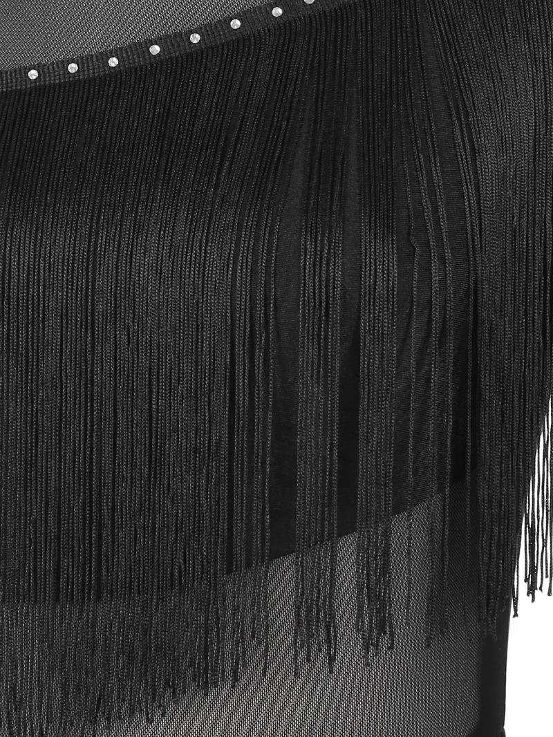 Womens National Ballroom Fringed Tango Samba Dance Dress Mesh Long Sleeve Latin Dance Performance Dress