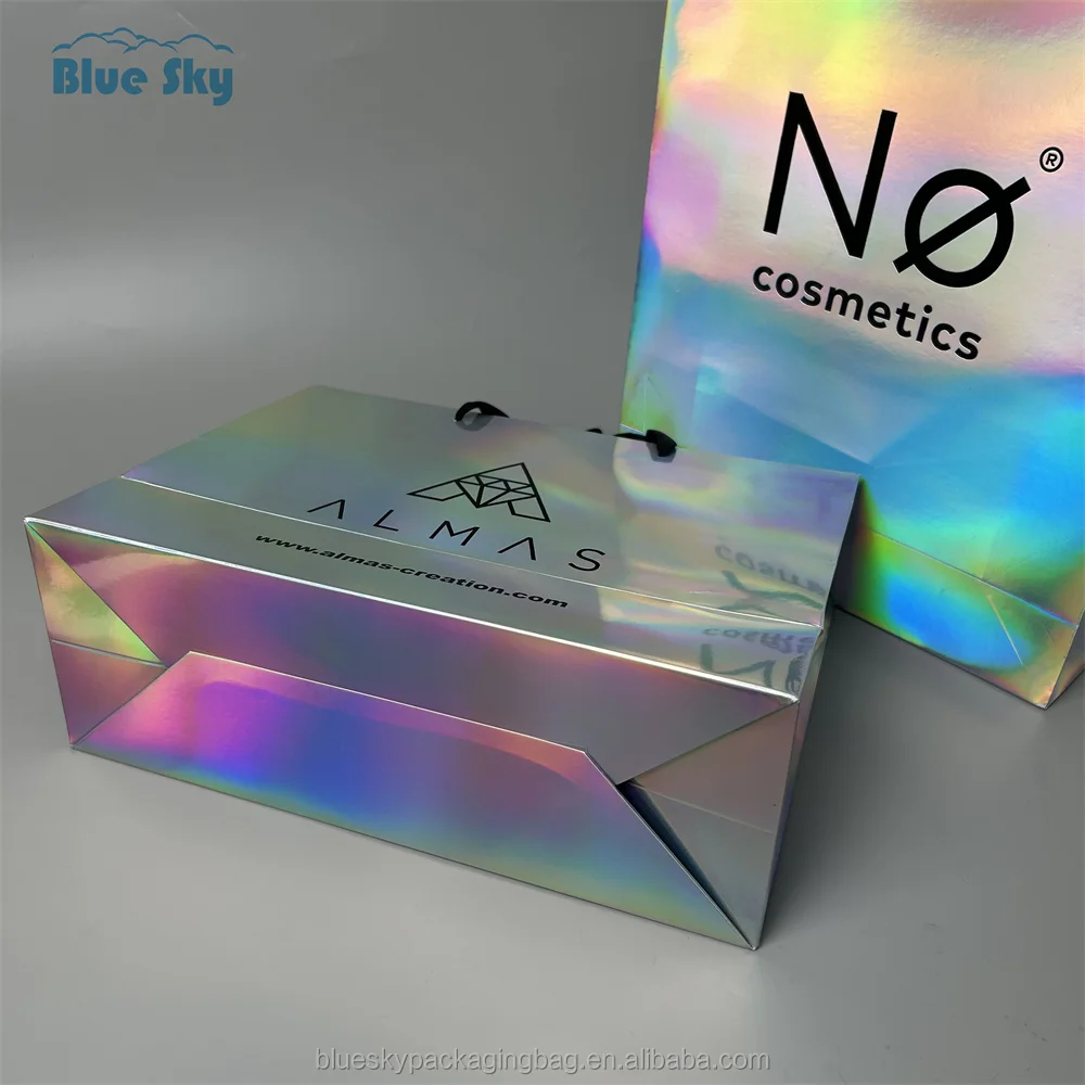 China Hot Sale Manufacturer Holographic Valentines Day Cosmetic Packaging Slim Luxury Shopping Gift Paper Bag