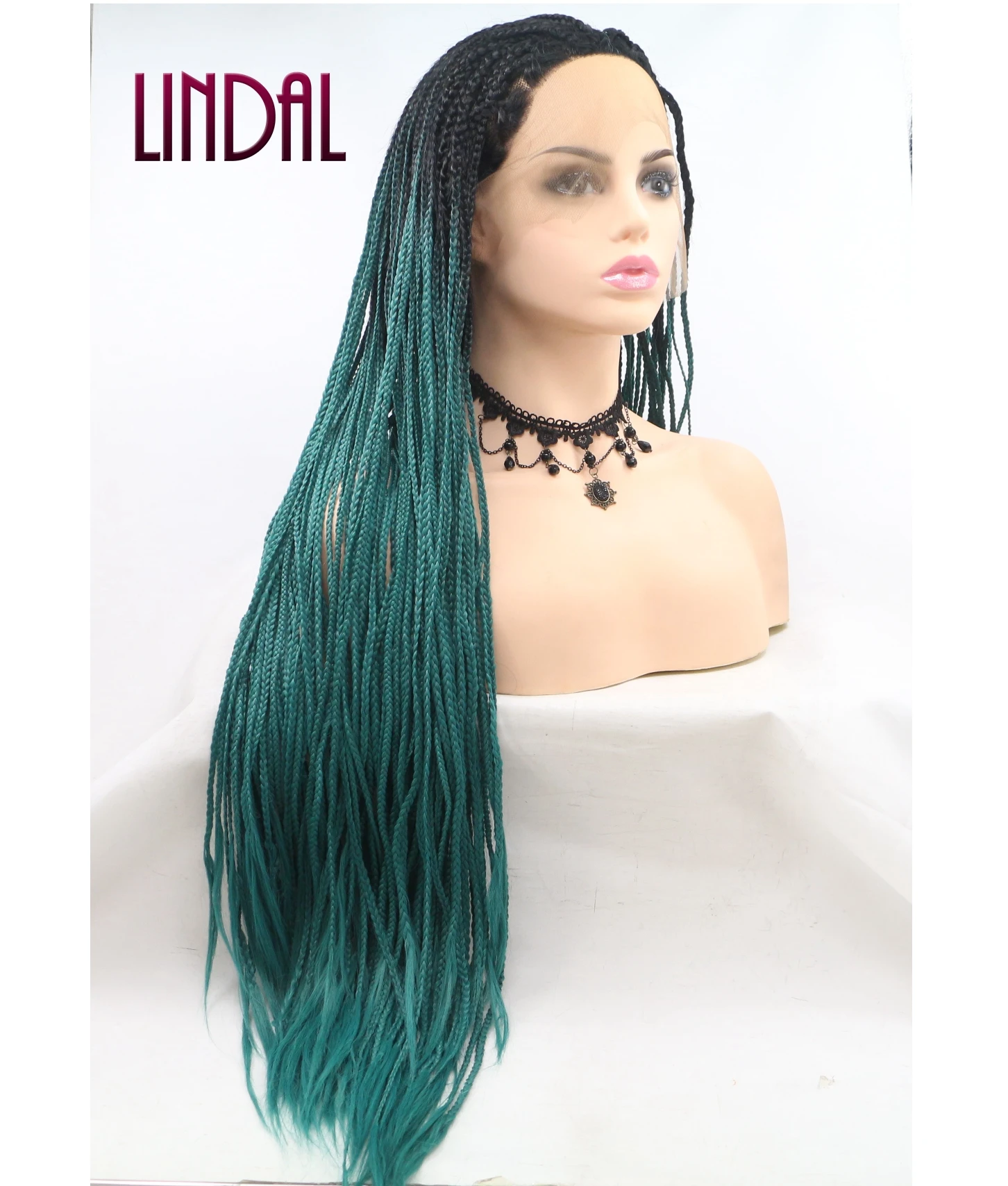 LINDAL synthetic heat resistant fiber dreadlocks ombre green braided wigs lace front wig fake scalp wig for women