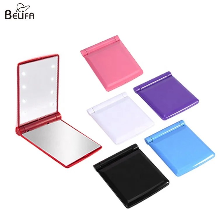 Custom logo cosmetic mirror small mini foldable pocket compact vanity make up makeup mirror with 8 led light