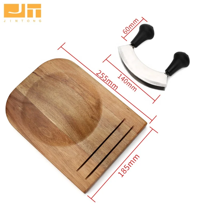 Rocker Tools Mezzaluna Knife and Cutting Board Set Wooden Chopping Board Bowl