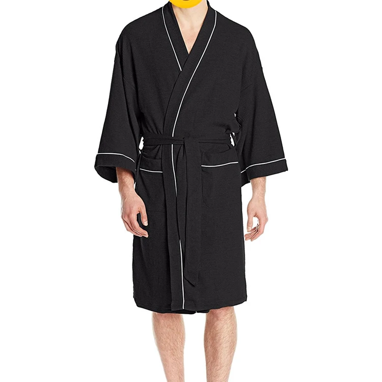 Custom 5 Star Hotel Logo Luxury Piped Trim Spa Bath Robe 100% Cotton Waffle Weave Bathrobe