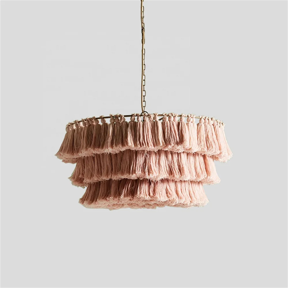 Biumart 3 Tier Tassel Chandelier Hand Weaving Rope Hanging Lamp Office Pendant Modern Lamp for Shop