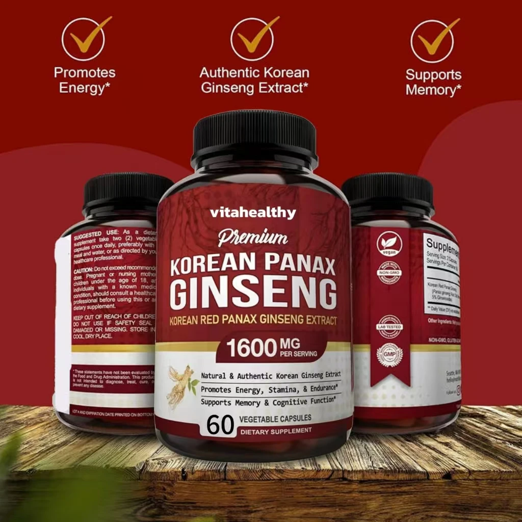Vitahealthy OEM/ODM Private Label Factory Supply Korean Red Panax Ginseng Capsules  With Ashwagandha Beetroot Green Tea Maca 60