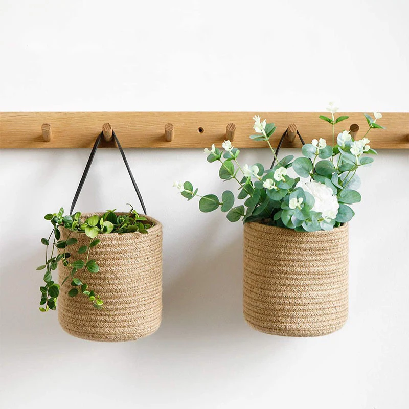 Rope Hanging Basket - Small Round Hanging Basket Storage for Key, Sunglasses, Wallet on Door - Modern Woven Basket Wall Decor