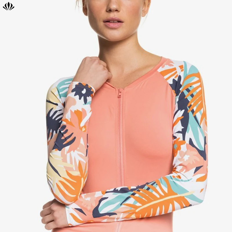 Top Women Wetsuits Long Sleeve Zip Up Slim Fit Diving Surf Jacket UPF 50 Printed Stretch Rashguard