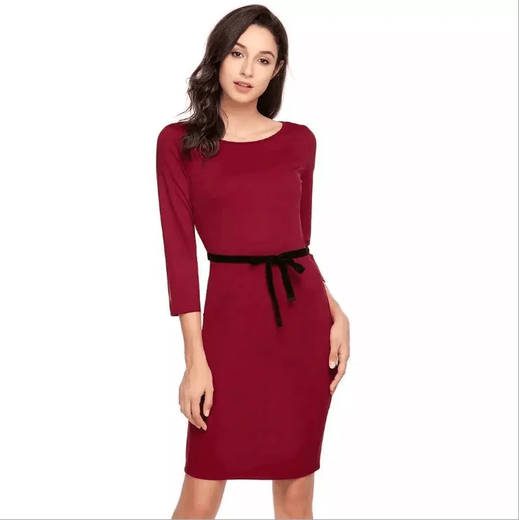 Осень мода сплошной цвет с длинным рукавом O средства ухода за кожей шеи Bodycon OL офисные женские туфли платье