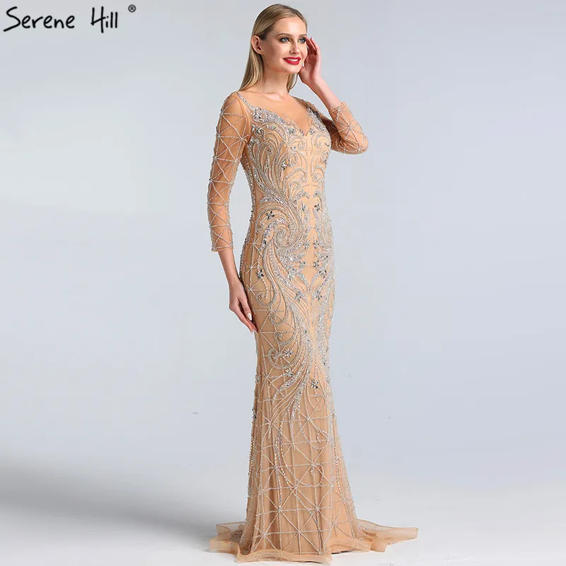 Серебристо-телесные элегантные вечерние платья с бусинами 2021 Serene Hill LA60775 длинные круглым вырезом и длинными рукавами для