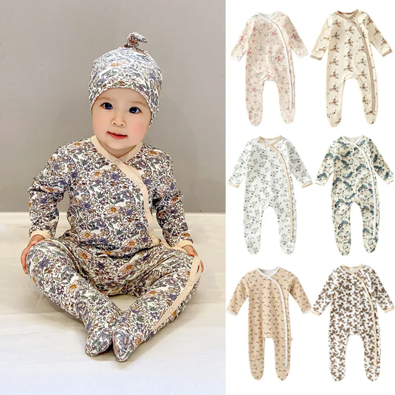 Ins Trendy Spring long sleeve Organic Soft Cotton Baby Clothes baby sleep suit Lovely Flower Printed Baby Romper