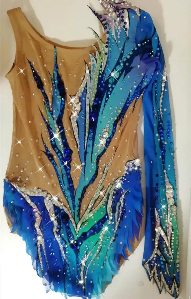 One-sleeve skating dress blue Rhythmic gymnastics leotards costumes girls competition ballroom leotards dance costumes