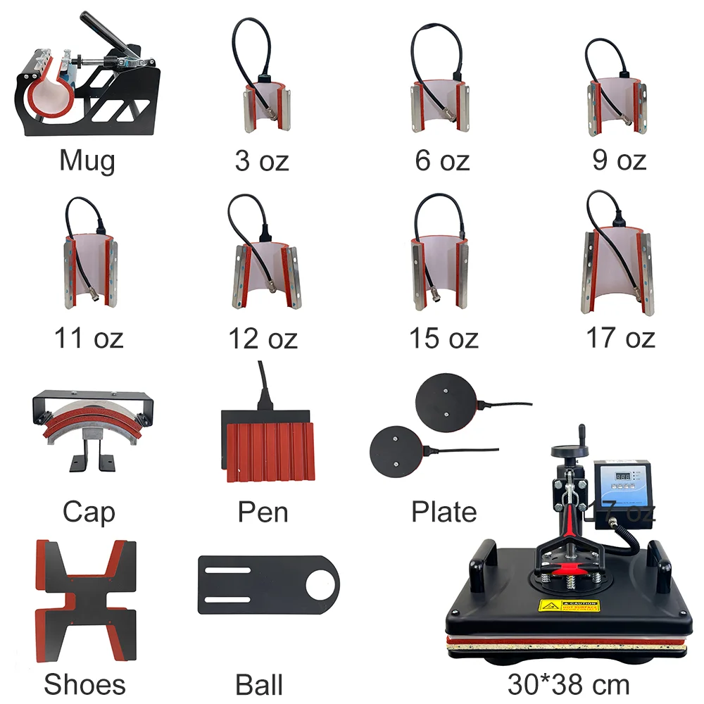 QUAFF 15 in 1 Combo Heat Press Machine main part flat 30*38 cm for T-shirt Garment cap mug tumbler shoes Sublimation Machine