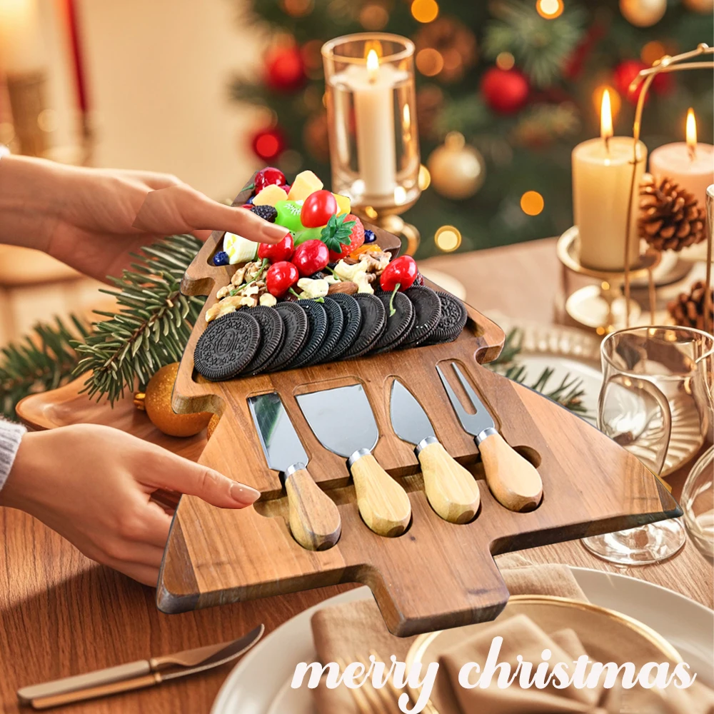 New Arrivals Eco-friendly Natural Bamboo Wooden Cheese Boards Set Christmas Charcuterie with Cutlery Knife Set for Home Kitchen