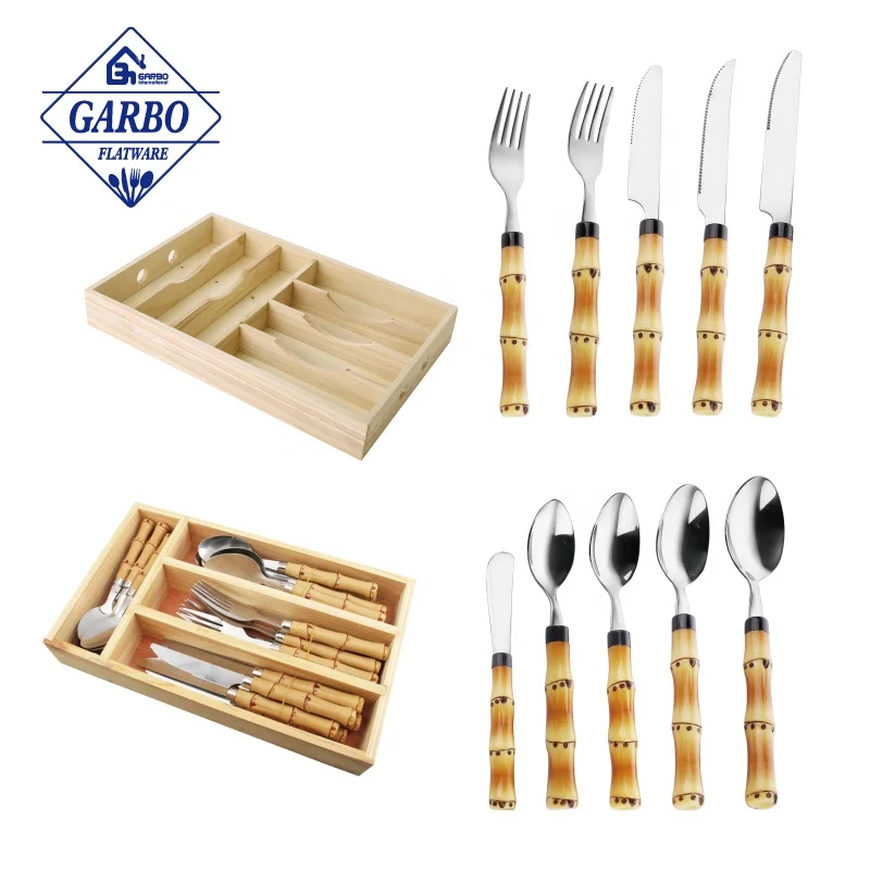 Bulk custom best selling dark bamboo plastic handle gold plated cutlery set 24 stainless steel flatware with divided wooden box