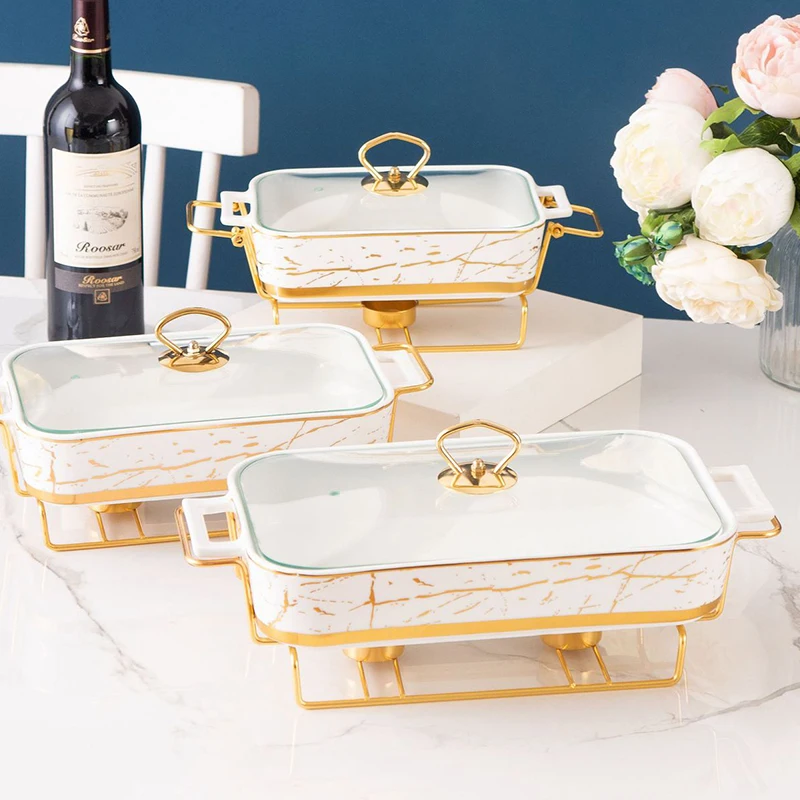 Nordic Style Rectangular hot pot Binaural Ceramic  Baking Pan Dry Soup Pot Holder With Candle For Hote