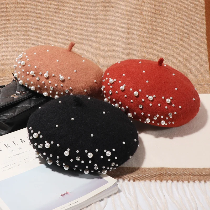 knitted hat Fashion Winter Women Girl Warm Knit Thicken Wool Cashmere Beret Woolen Knitted Hat Beanie Rhinestone Pearl Beret