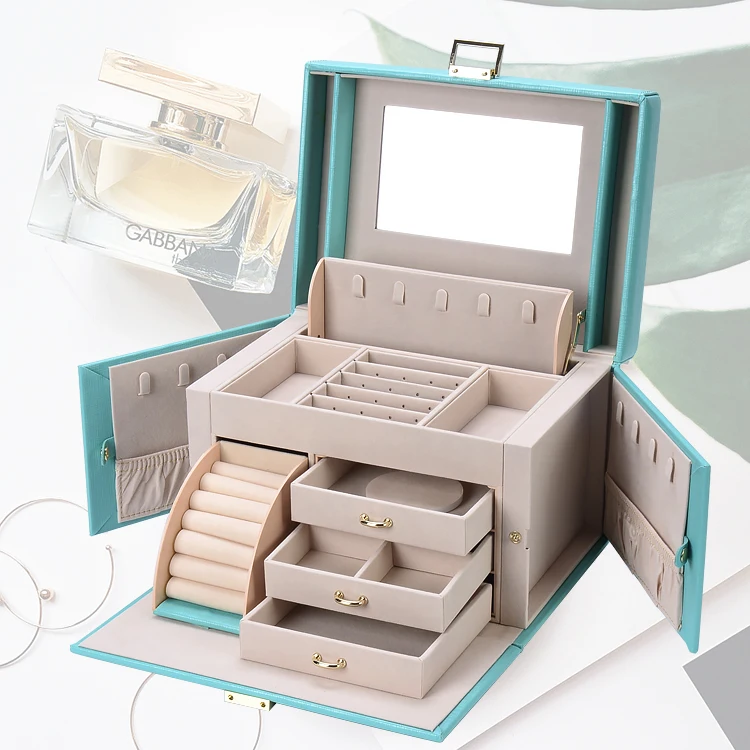 Zebo Custom PU Leather Multilayer drawer Large storage necklace earring ring jewellery case jewelry box organizer