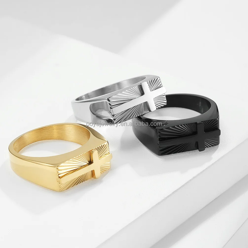 POYA Jewelry Classic Cross Signet Rings Men Fashion Stainless Steel Geometric Rectangular Ring Christian Jewelry