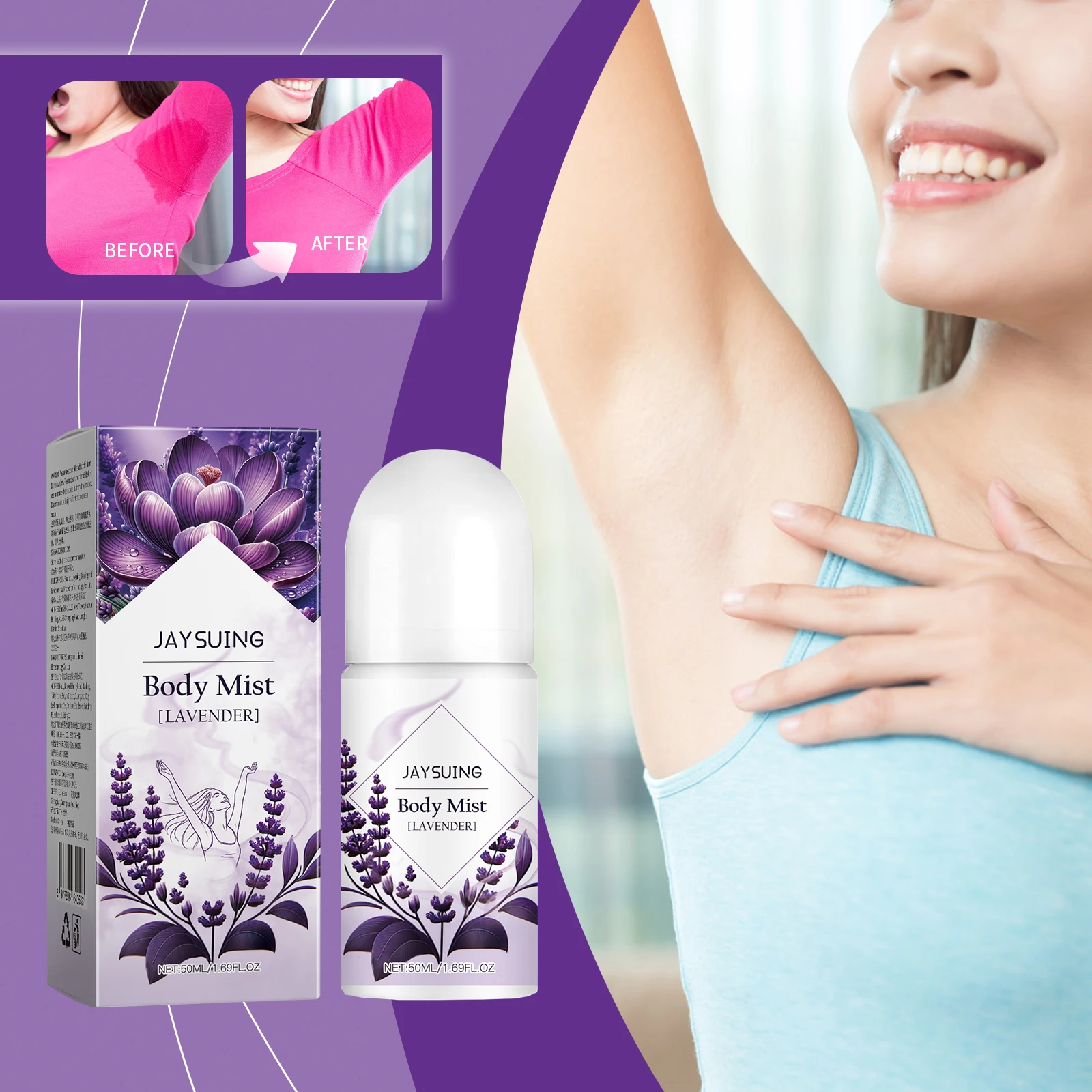 JAYSUING Armpit Deodorizer Portable Lavender Body Deodorizer Lavender Body Mist Best Selling Summer 12 Liquid Female 50ml 76g
