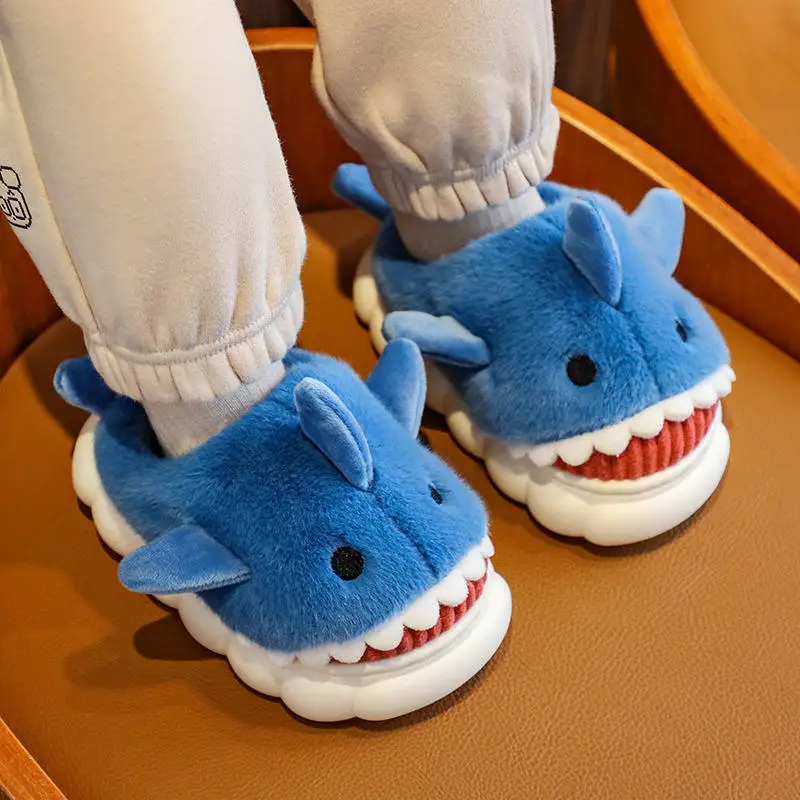 New Fashion Warm Non Slip Lovely Plush Children Slippers Funny Animal Shark Cotton Slippers Kids Thick Soles Home Slipper Winter