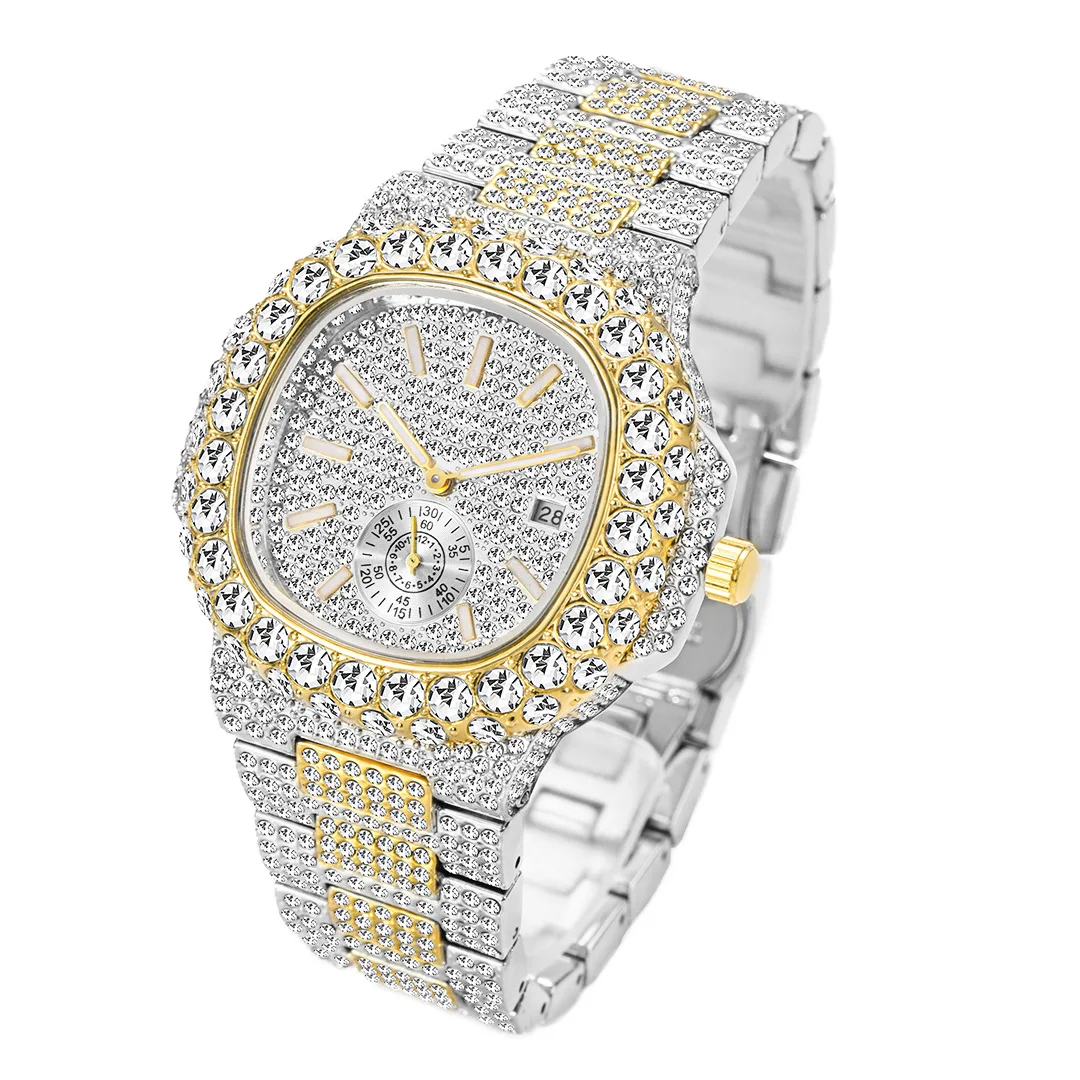 Hiphop Unique Mens Watches Quartz Wristwatch Gold Automatic Date Steel Luxury Diamond Watch For Men