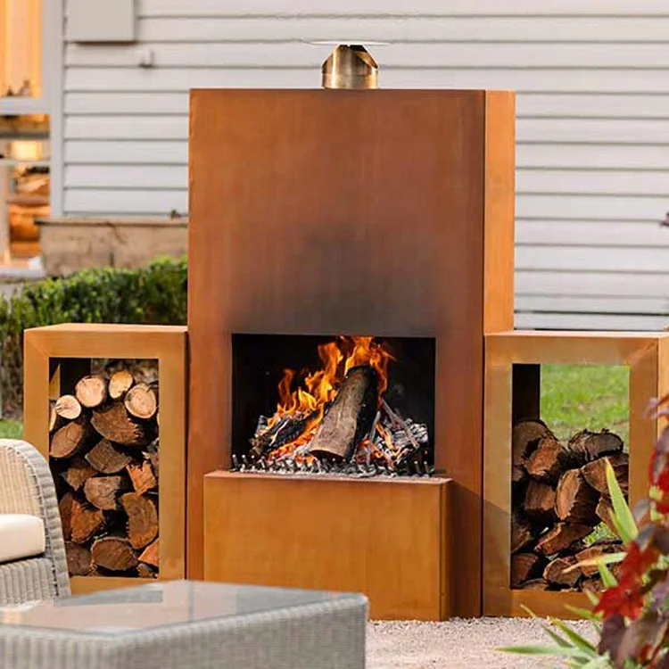 Corten Steel Standing Outdoor Fireplace with Wood Storage