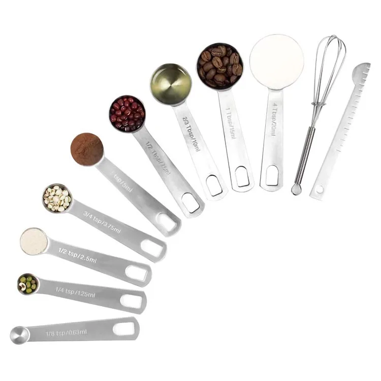 Set of 9 Stainless Steel Metal Measuring Spoons with Leveler and Whisk